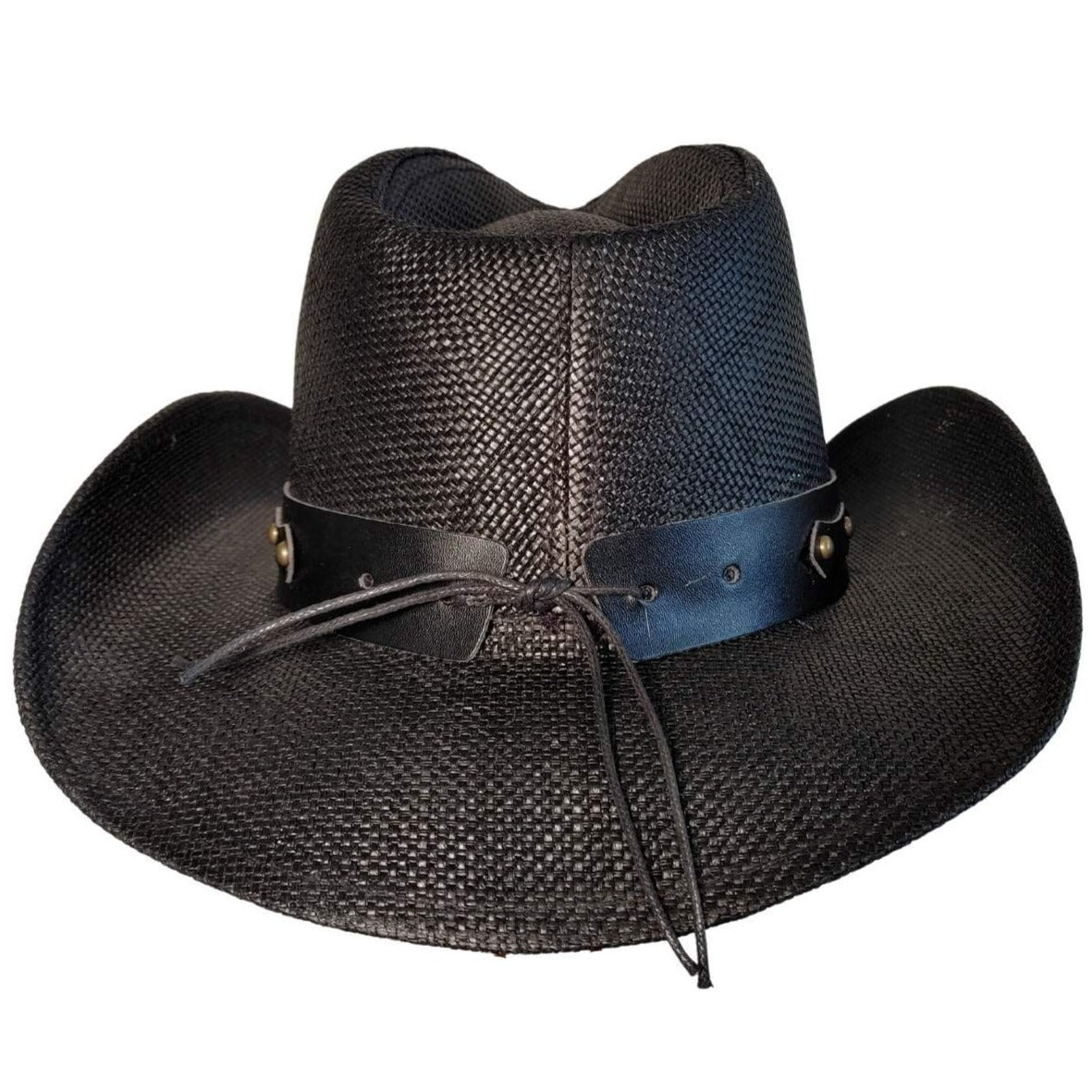 Black Longhorn Bull Cowboy Hat by Redneck Legends — blacked-out woven straw with a black leather band, silver longhorn steer-head, and antiqued brass studs