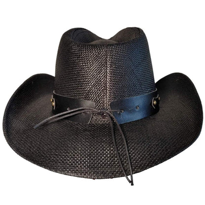 Black Longhorn Bull Cowboy Hat by Redneck Legends — blacked-out woven straw with a black leather band, silver longhorn steer-head, and antiqued brass studs