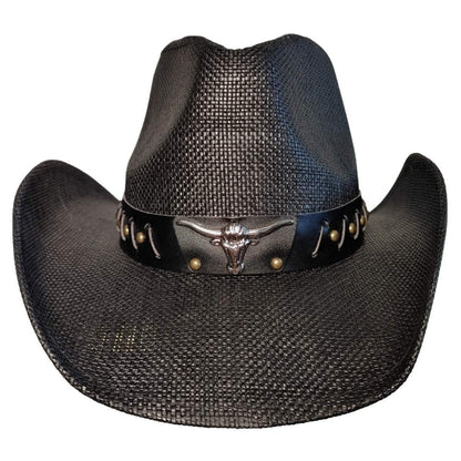 Black Longhorn Bull Cowboy Hat by Redneck Legends — blacked-out woven straw with a black leather band, silver longhorn steer-head, and antiqued brass studs