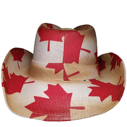 Canada Maple Leaf Cowboy Hat by Redneck Legends — sun-bleached woven straw with a red maple-leaf flag print from crown to brim