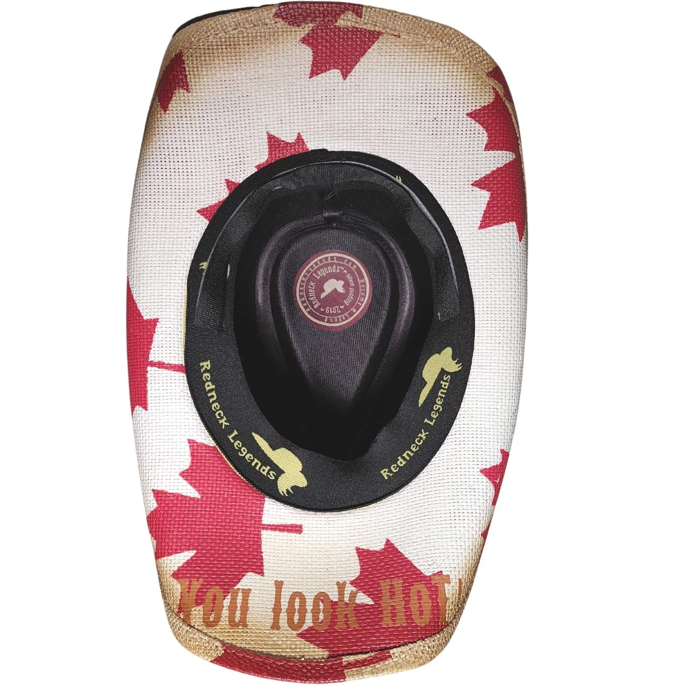 Canada Maple Leaf Cowboy Hat by Redneck Legends — sun-bleached woven straw with a red maple-leaf flag print from crown to brim