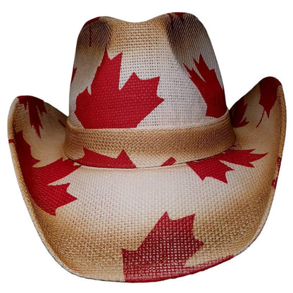 Canada Maple Leaf Cowboy Hat by Redneck Legends — sun-bleached woven straw with a red maple-leaf flag print from crown to brim