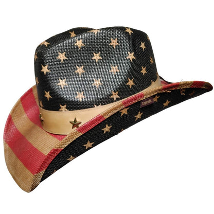 Frobie Keith American Flag Cowboy Hat by Redneck Legends — American flag print across woven straw with a classic cattleman crown and wire brim