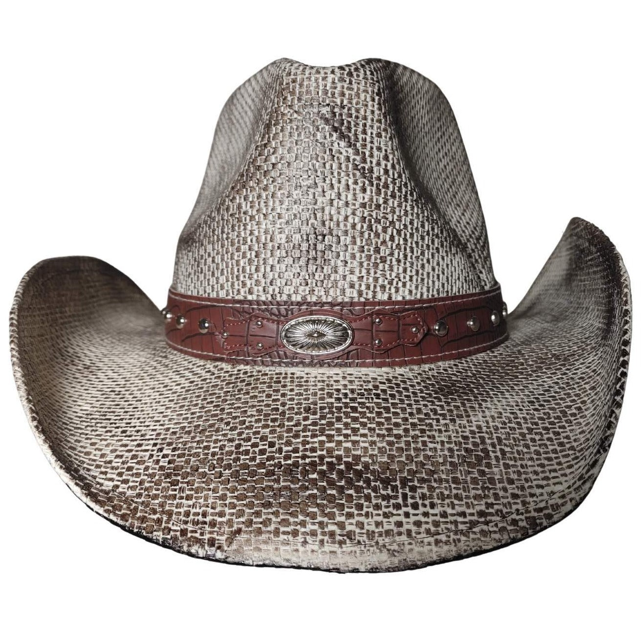 Snakeskin Leather Band cowboy hat by Redneck Legends — cream-and-brown snakeskin-print woven straw with a brown croc-embossed leather band, silver concho, and studs