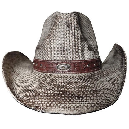 Snakeskin Leather Band cowboy hat by Redneck Legends — cream-and-brown snakeskin-print woven straw with a brown croc-embossed leather band, silver concho, and studs