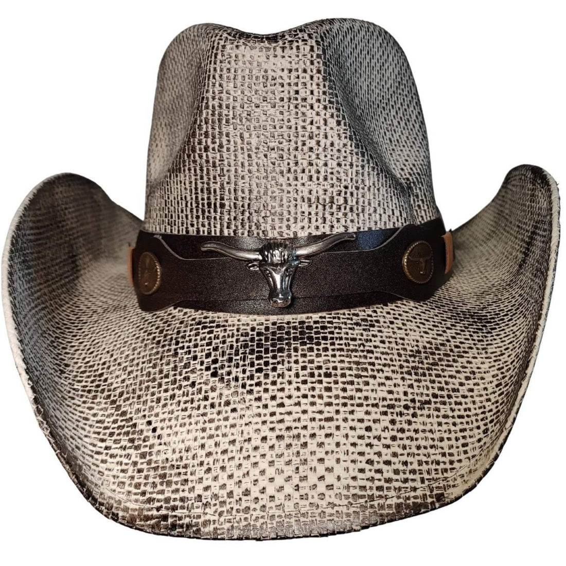 Snakeskin Longhorn Bull cowboy hat by Redneck Legends — speckled cream-and-black snakeskin-print straw with a brown leather band, silver longhorn steer head, and brass concho
