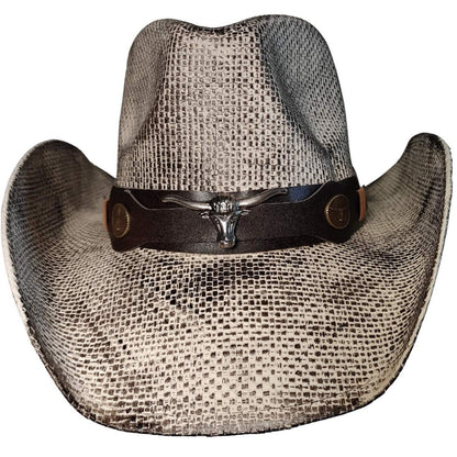 Snakeskin Longhorn Bull cowboy hat by Redneck Legends — speckled cream-and-black snakeskin-print straw with a brown leather band, silver longhorn steer head, and brass concho
