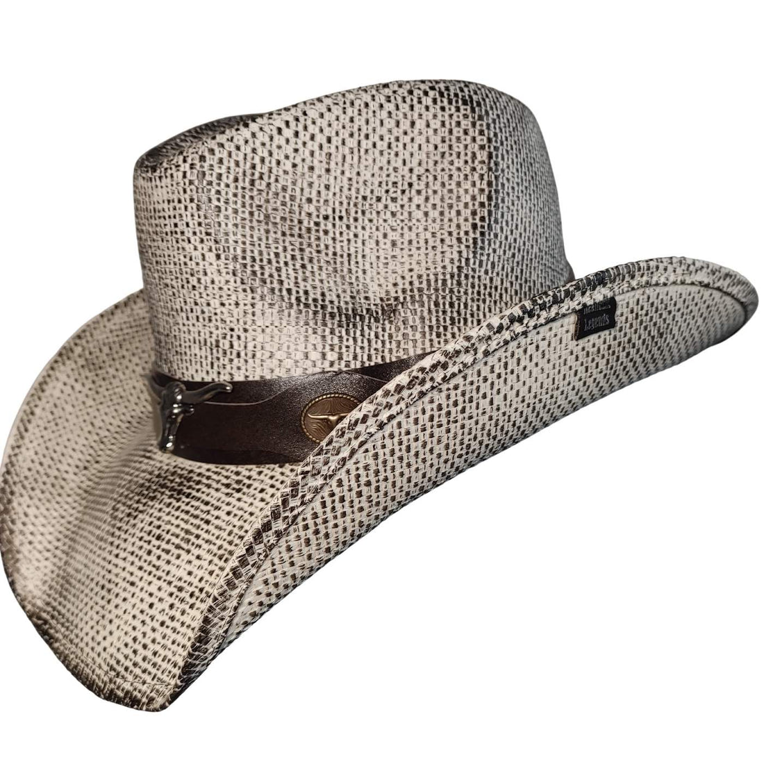 Snakeskin Longhorn Bull cowboy hat by Redneck Legends — speckled cream-and-black snakeskin-print straw with a brown leather band, silver longhorn steer head, and brass concho