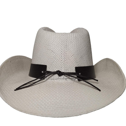 White Longhorn Bull Cowboy Hat by Redneck Legends — white woven straw with a black leather band, silver longhorn steer-head, and brass longhorn concho