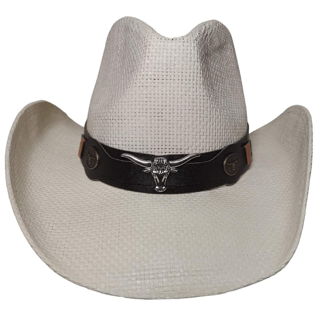 White Longhorn Bull Cowboy Hat by Redneck Legends — white woven straw with a black leather band, silver longhorn steer-head, and brass longhorn concho