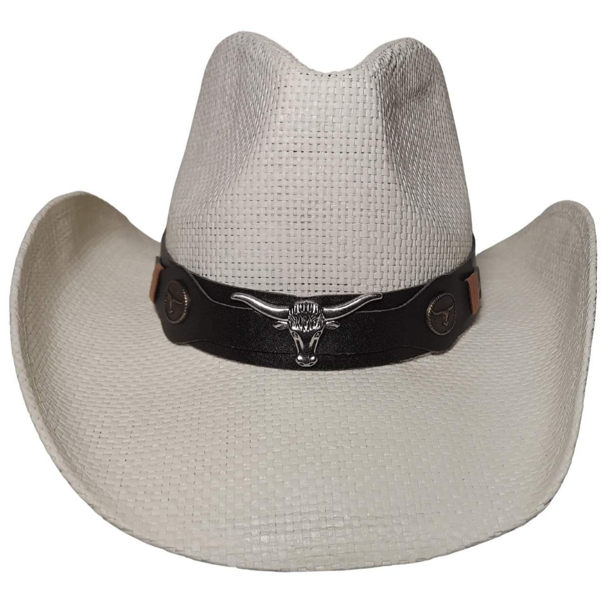White Longhorn Bull Cowboy Hat by Redneck Legends — white woven straw with a black leather band, silver longhorn steer-head, and brass longhorn concho