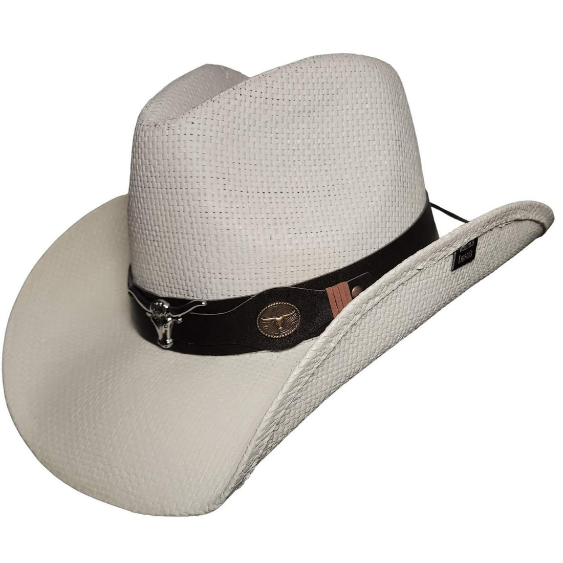 White Longhorn Bull Cowboy Hat by Redneck Legends — white woven straw with a black leather band, silver longhorn steer-head, and brass longhorn concho