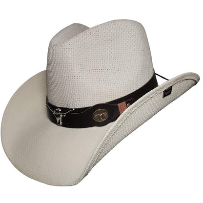 White Longhorn Bull Cowboy Hat by Redneck Legends — white woven straw with a black leather band, silver longhorn steer-head, and brass longhorn concho
