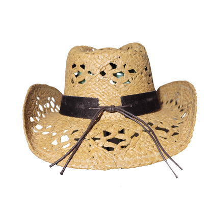 Tan Wicker Cowboy Hat by Redneck Legends — natural open-weave straw with a brown faux-suede band, wood beads, and an amber gem concho