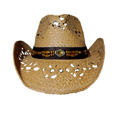 Tan Wicker Cowboy Hat by Redneck Legends — natural open-weave straw with a brown faux-suede band, wood beads, and an amber gem concho