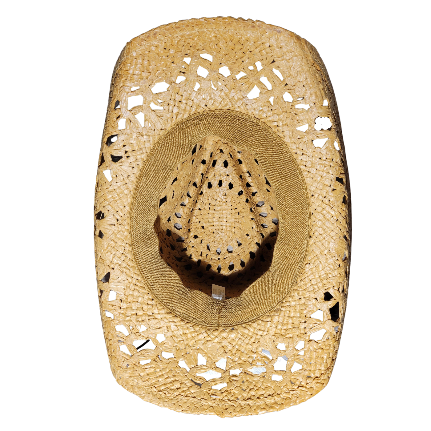Tan Wicker Cowboy Hat by Redneck Legends — natural open-weave straw with a brown faux-suede band, wood beads, and an amber gem concho