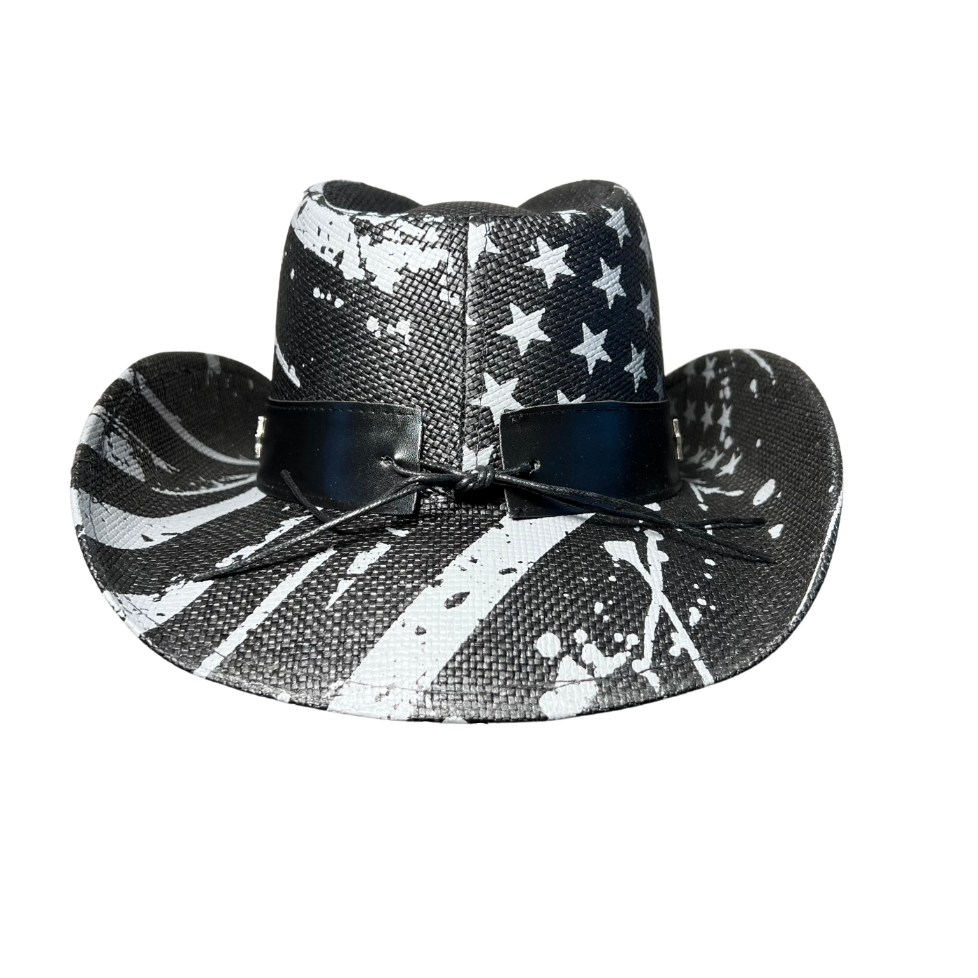 Black USA Drip Cowboy Hat by Redneck Legends — distressed white American flag print on black woven straw with a silver star-studded black leather band