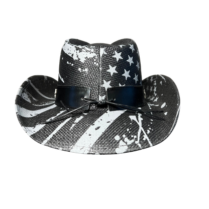 Black USA Drip Cowboy Hat by Redneck Legends — distressed white American flag print on black woven straw with a silver star-studded black leather band