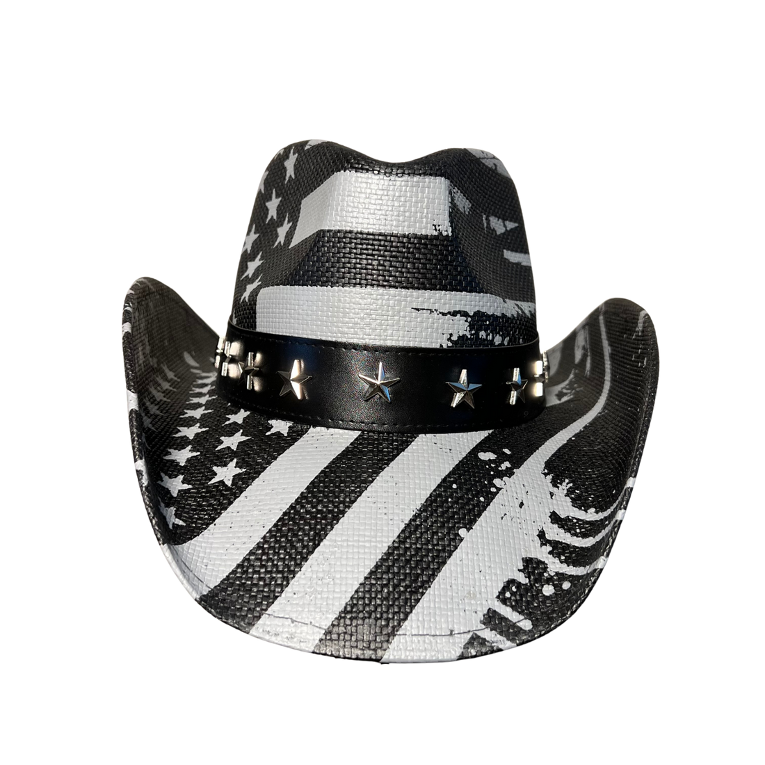 Black USA Drip Cowboy Hat by Redneck Legends — distressed white American flag print on black woven straw with a silver star-studded black leather band