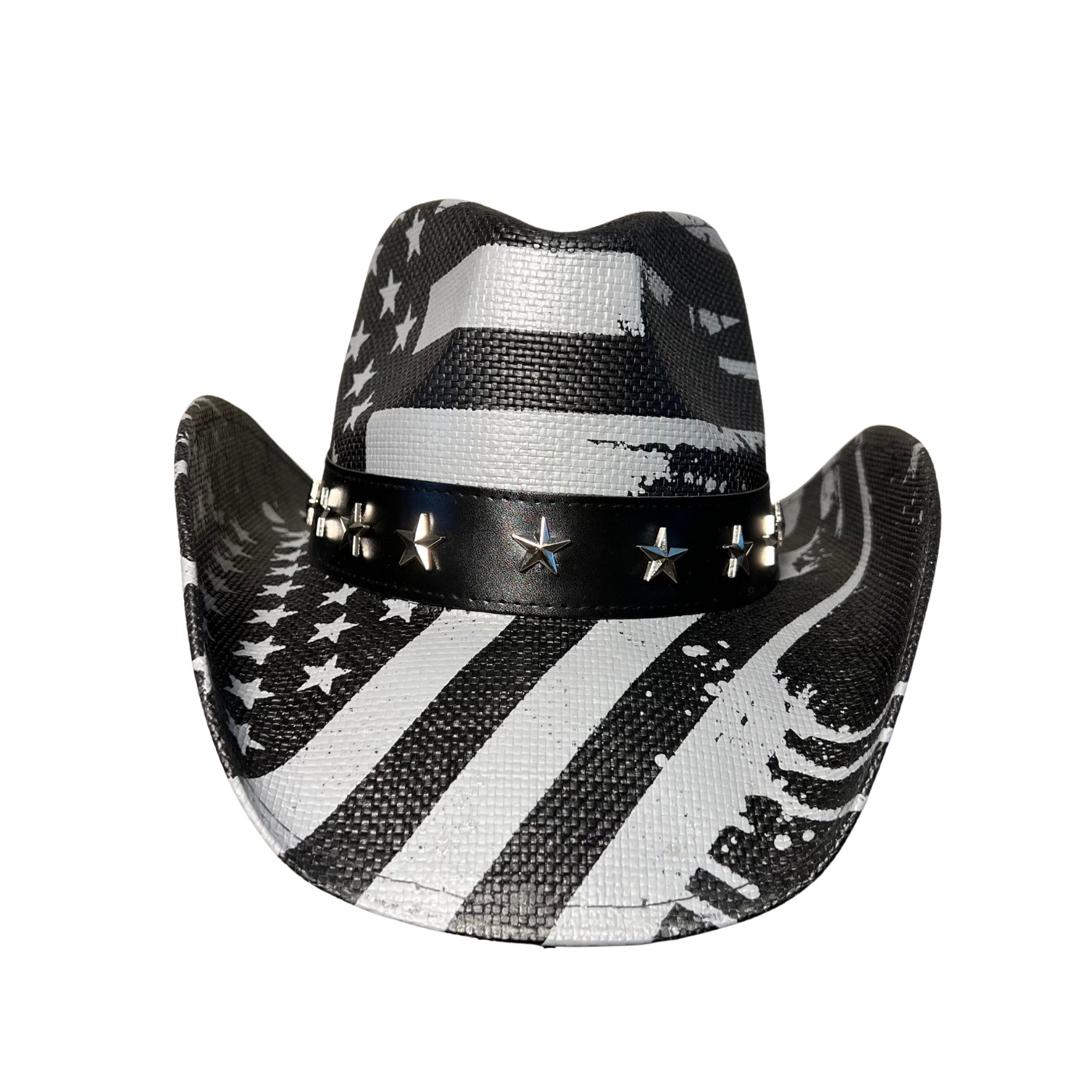 Black USA Drip Cowboy Hat by Redneck Legends — distressed white American flag print on black woven straw with a silver star-studded black leather band