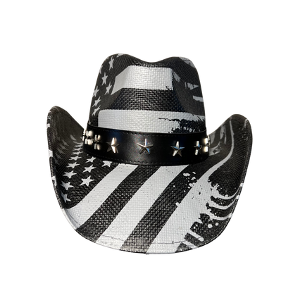 Black USA Drip Cowboy Hat by Redneck Legends — distressed white American flag print on black woven straw with a silver star-studded black leather band