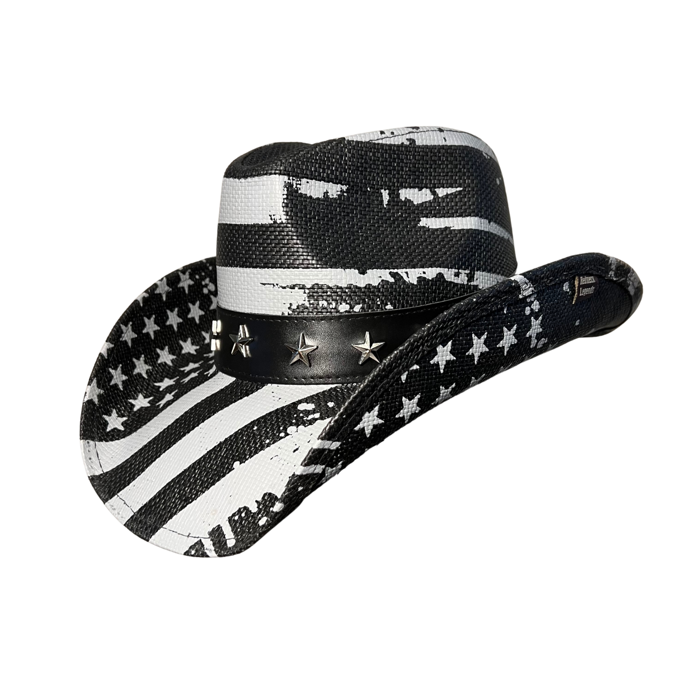 Black USA Drip Cowboy Hat by Redneck Legends — distressed white American flag print on black woven straw with a silver star-studded black leather band