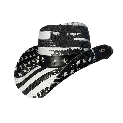 Black USA Drip Cowboy Hat by Redneck Legends — distressed white American flag print on black woven straw with a silver star-studded black leather band