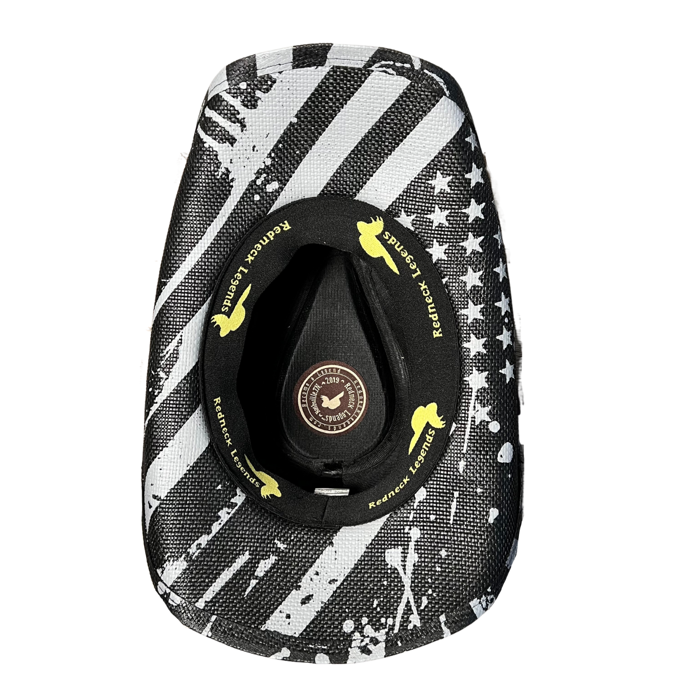 Black USA Drip Cowboy Hat by Redneck Legends — distressed white American flag print on black woven straw with a silver star-studded black leather band
