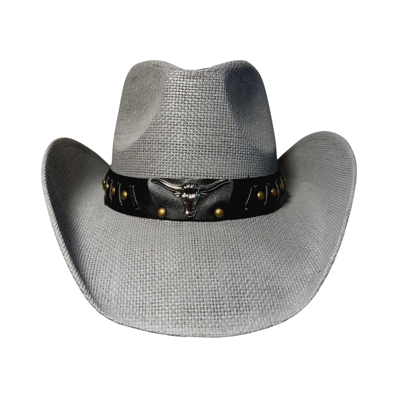 Gray Bull cowboy hat by Redneck Legends — gray basketweave straw with a black leather band, chrome longhorn steer-head medallion, and antiqued brass studs