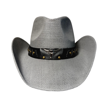 Gray Bull cowboy hat by Redneck Legends — gray basketweave straw with a black leather band, chrome longhorn steer-head medallion, and antiqued brass studs