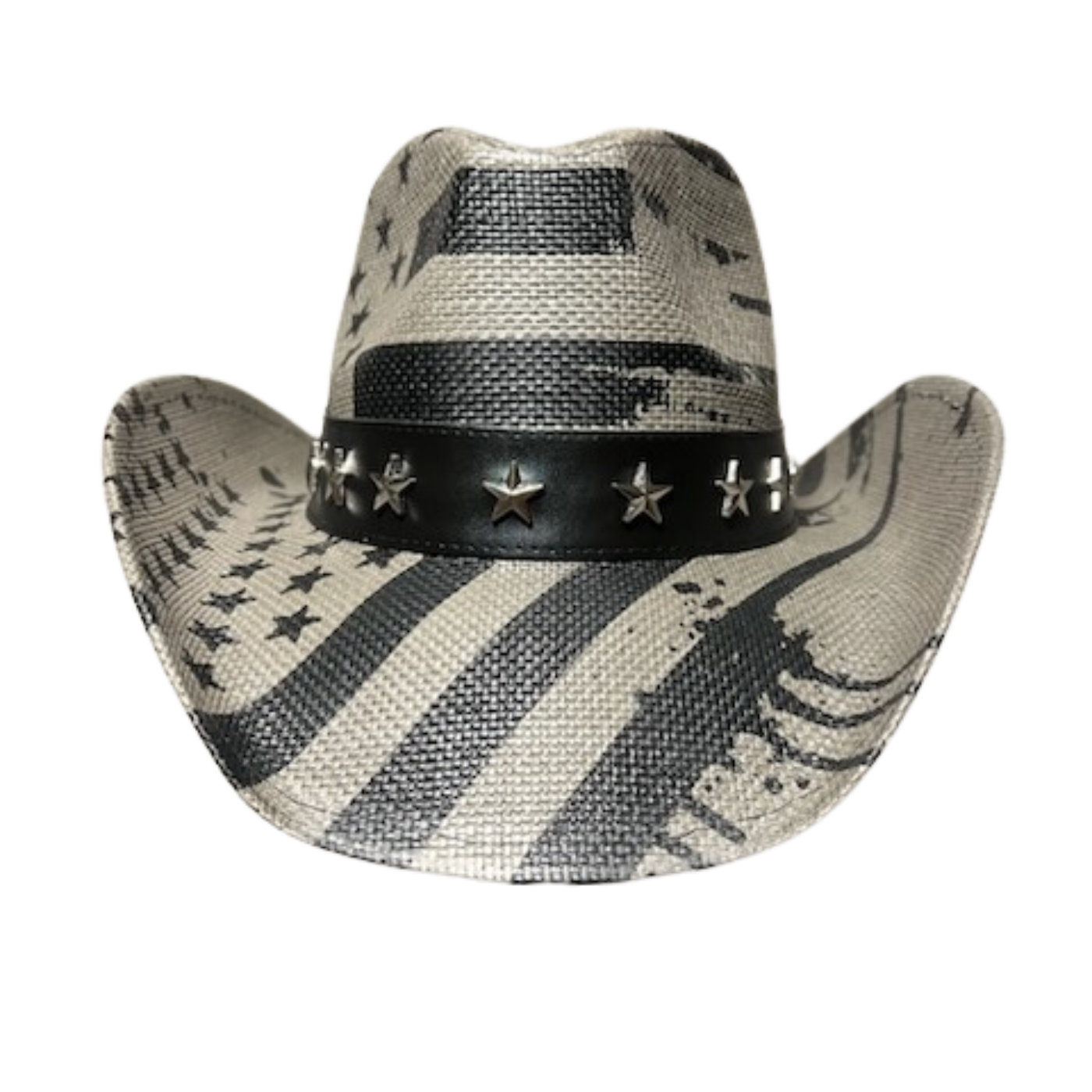 Gray USA Drip Cowboy Hat by Redneck Legends — distressed faded-black American flag print on natural woven straw with a silver star-studded black leather band