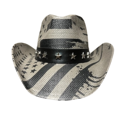 Gray USA Drip Cowboy Hat by Redneck Legends — distressed faded-black American flag print on natural woven straw with a silver star-studded black leather band