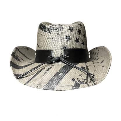 Gray USA Drip Cowboy Hat by Redneck Legends — distressed faded-black American flag print on natural woven straw with a silver star-studded black leather band