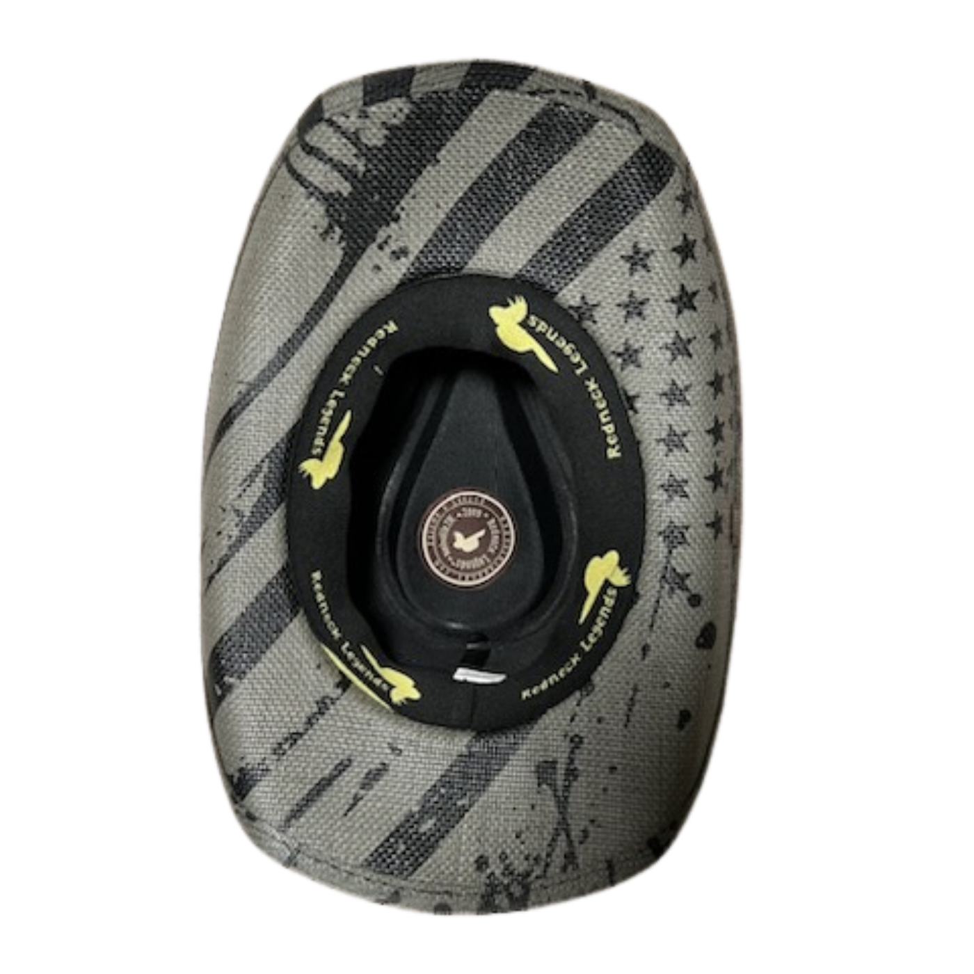 Gray USA Drip Cowboy Hat by Redneck Legends — distressed faded-black American flag print on natural woven straw with a silver star-studded black leather band