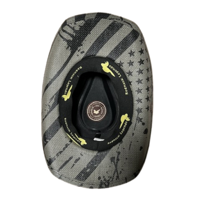 Gray USA Drip Cowboy Hat by Redneck Legends — distressed faded-black American flag print on natural woven straw with a silver star-studded black leather band