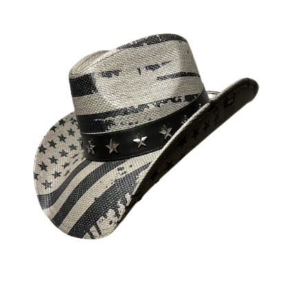 Gray USA Drip Cowboy Hat by Redneck Legends — distressed faded-black American flag print on natural woven straw with a silver star-studded black leather band