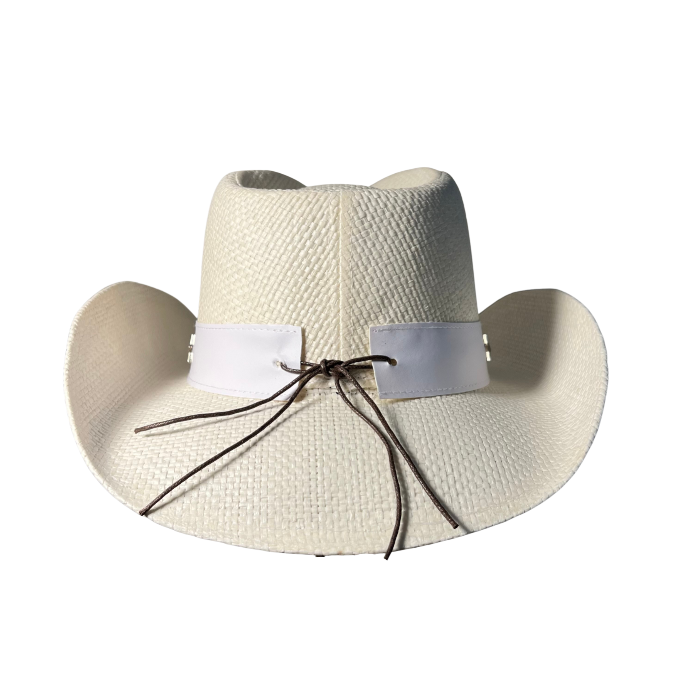 White Star Cowboy Hat by Redneck Legends — white woven straw with a white leather band of silver five-point star studs and a whipstitched brim
