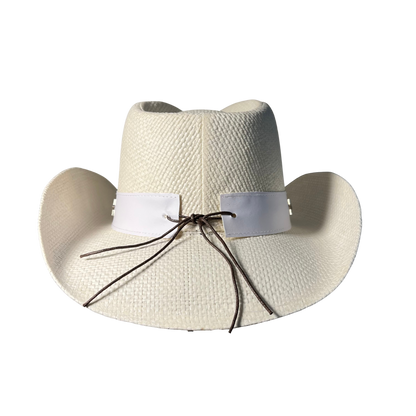 White Star Cowboy Hat by Redneck Legends — white woven straw with a white leather band of silver five-point star studs and a whipstitched brim