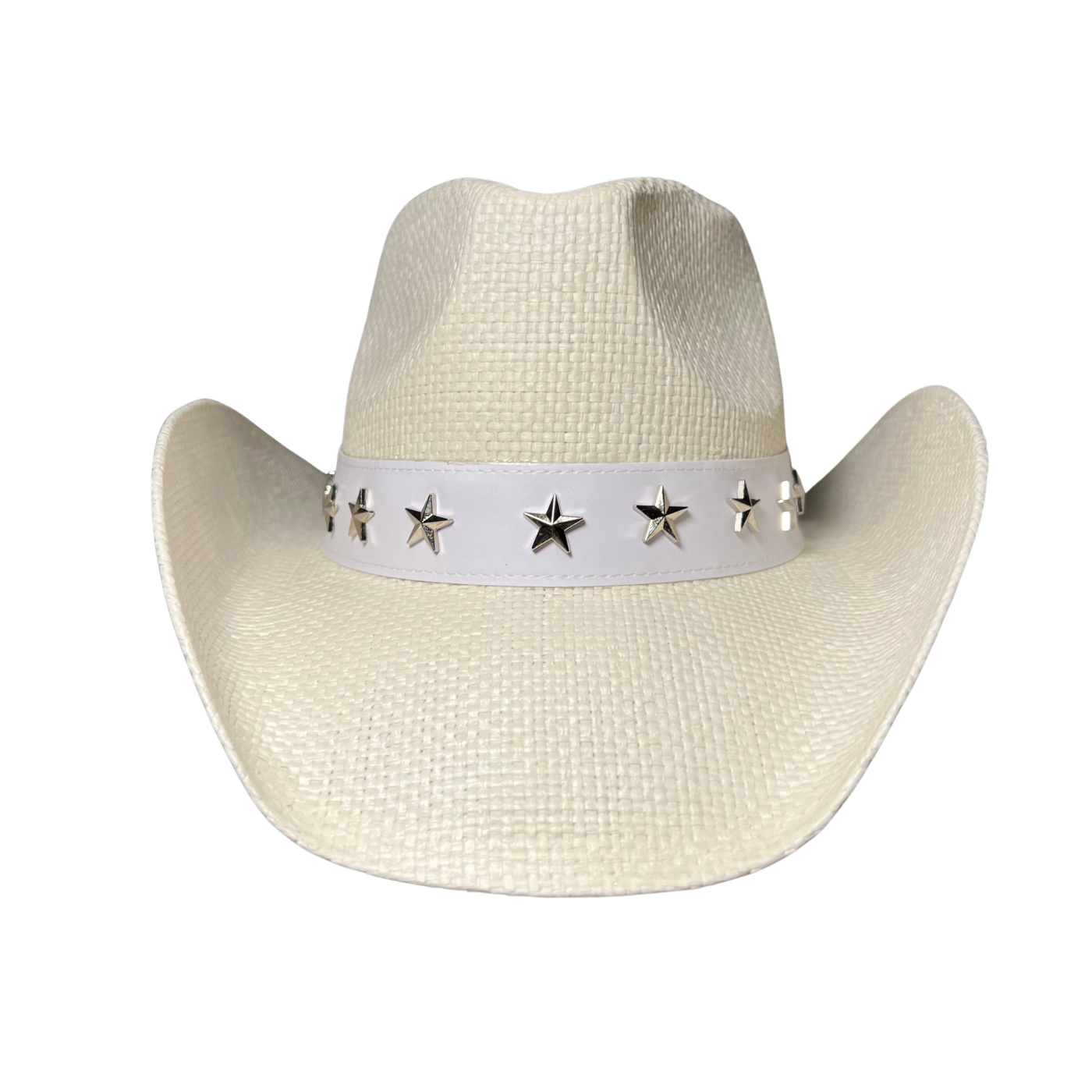 White Star Cowboy Hat by Redneck Legends — white woven straw with a white leather band of silver five-point star studs and a whipstitched brim