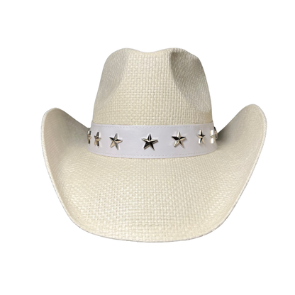 White Star Cowboy Hat by Redneck Legends — white woven straw with a white leather band of silver five-point star studs and a whipstitched brim