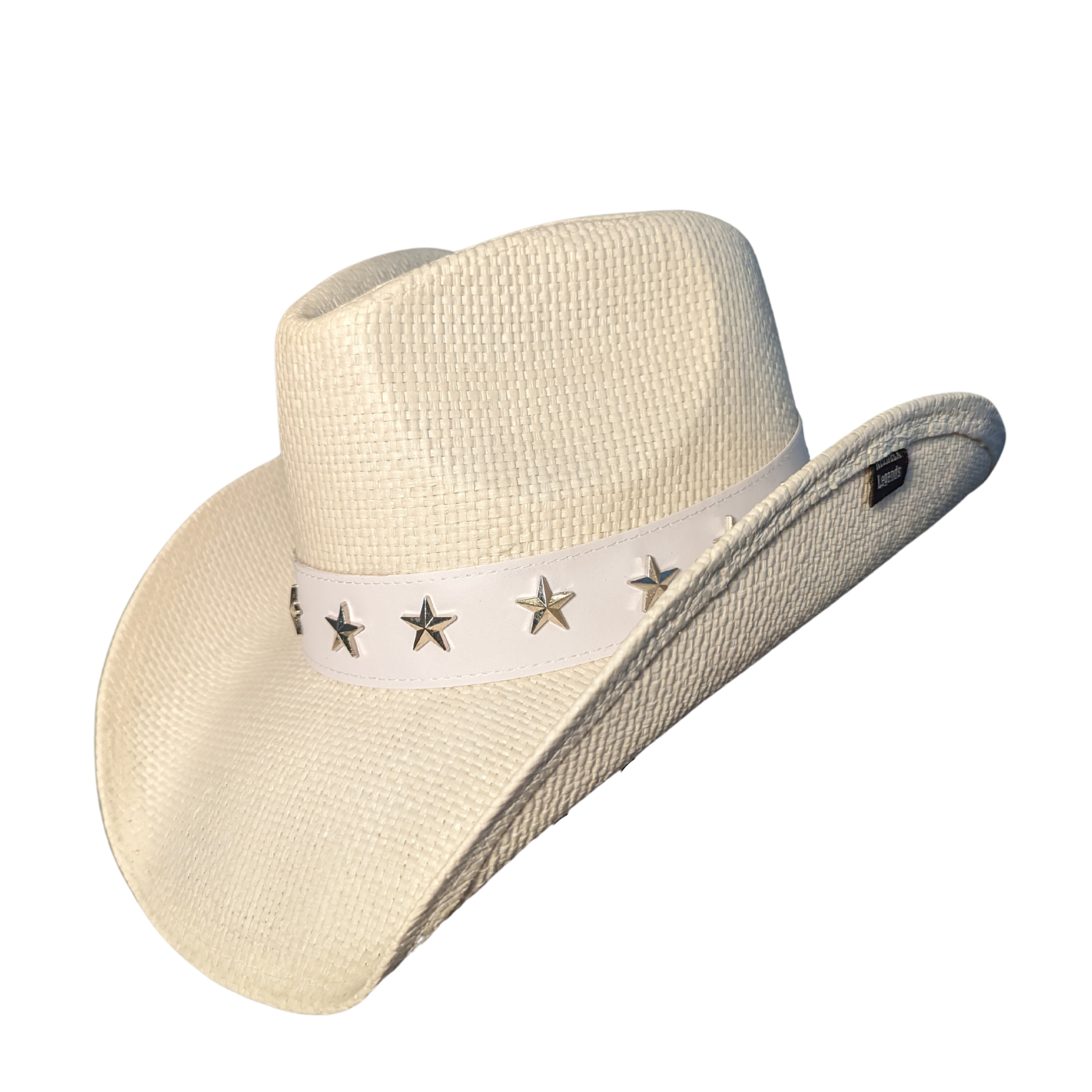 White Star Cowboy Hat by Redneck Legends — white woven straw with a white leather band of silver five-point star studs and a whipstitched brim