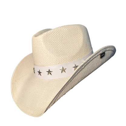 White Star Cowboy Hat by Redneck Legends — white woven straw with a white leather band of silver five-point star studs and a whipstitched brim