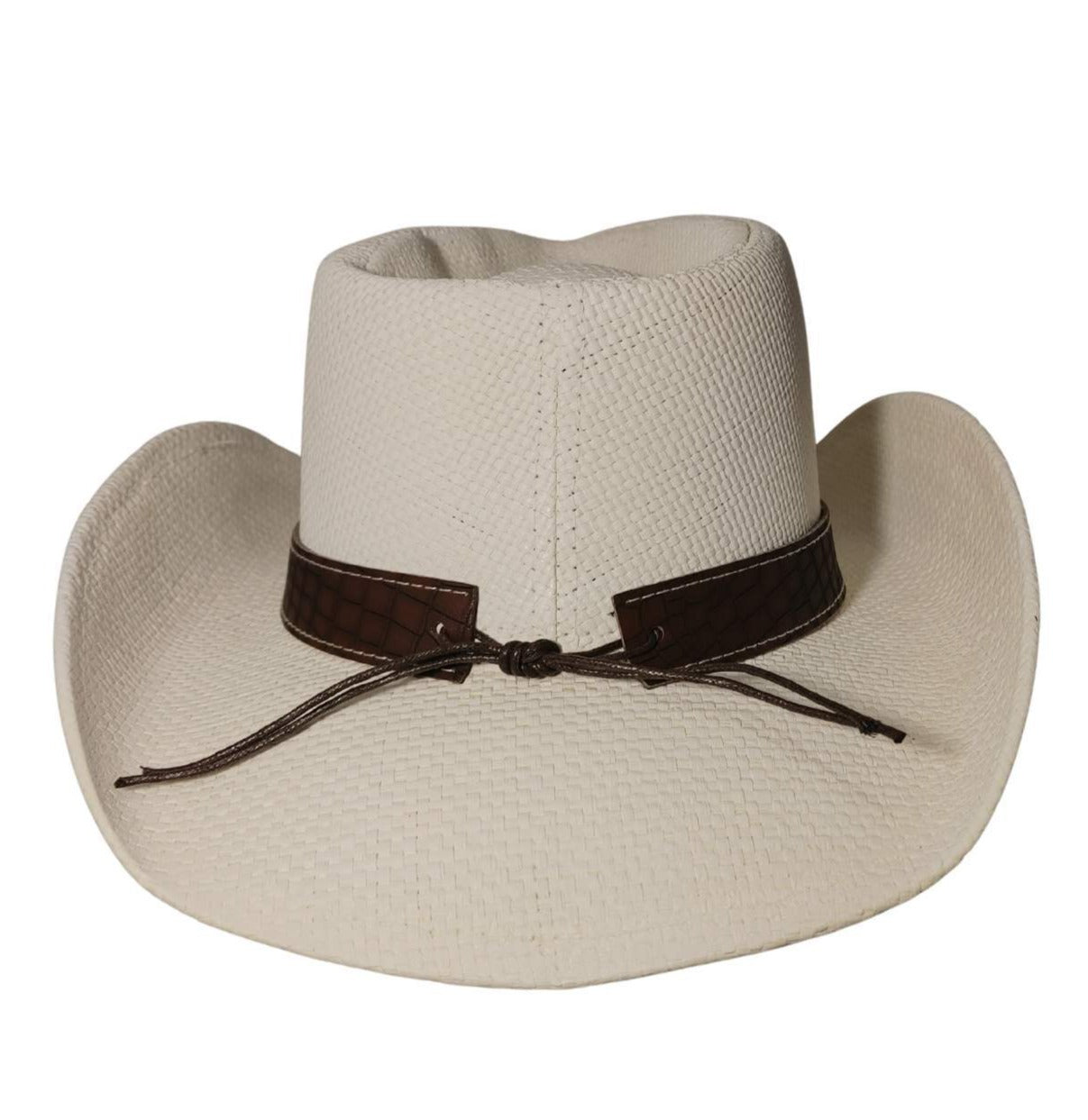 White Leather Band Cowboy Hat by Redneck Legends — white woven straw with a brown croc-embossed leather band, silver concho, and studs