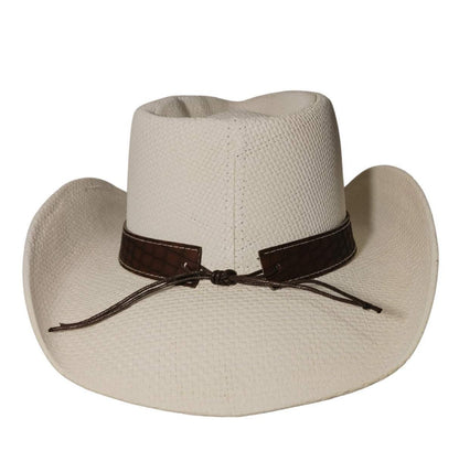 White Leather Band Cowboy Hat by Redneck Legends — white woven straw with a brown croc-embossed leather band, silver concho, and studs