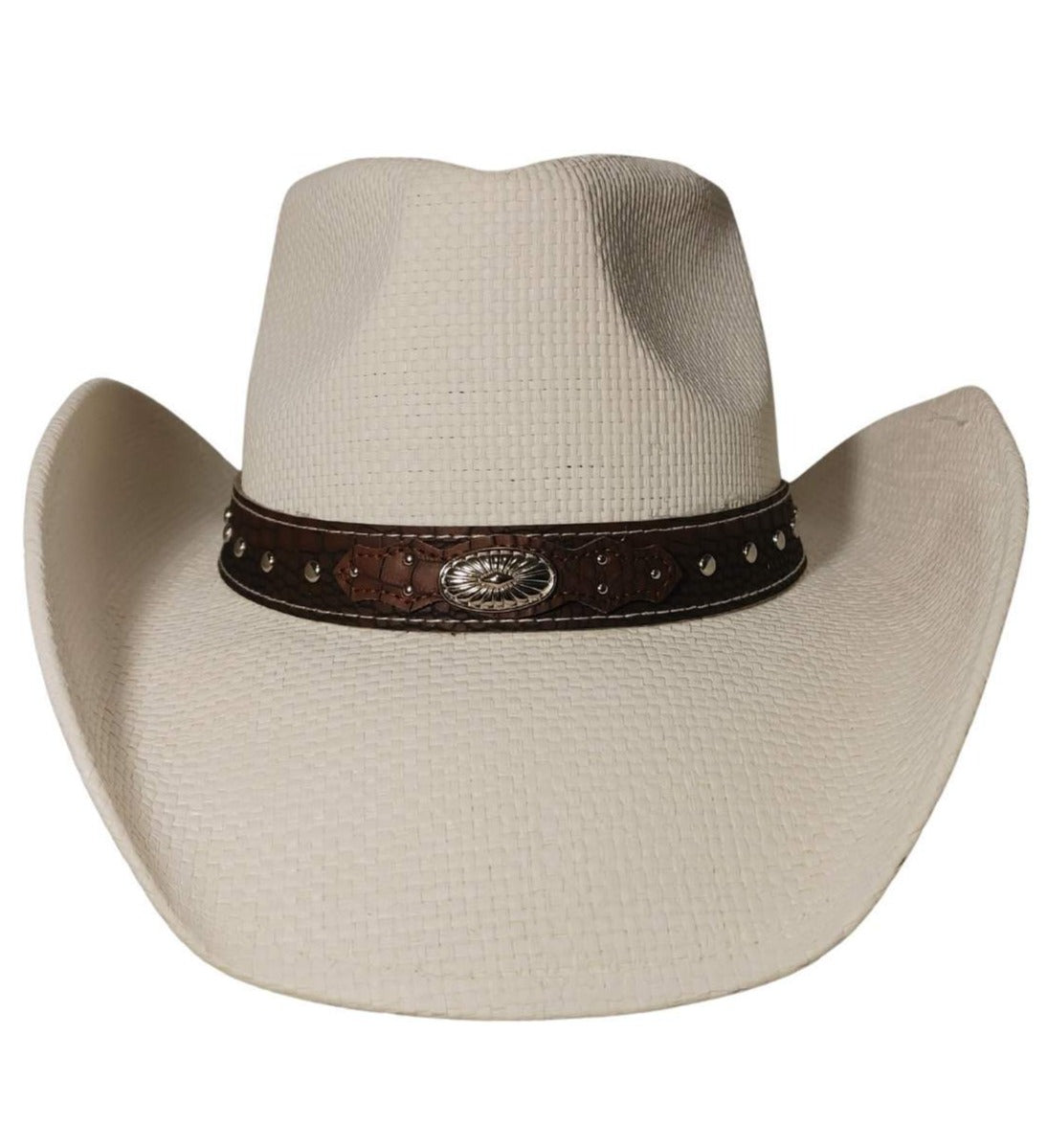 White Leather Band Cowboy Hat by Redneck Legends — white woven straw with a brown croc-embossed leather band, silver concho, and studs