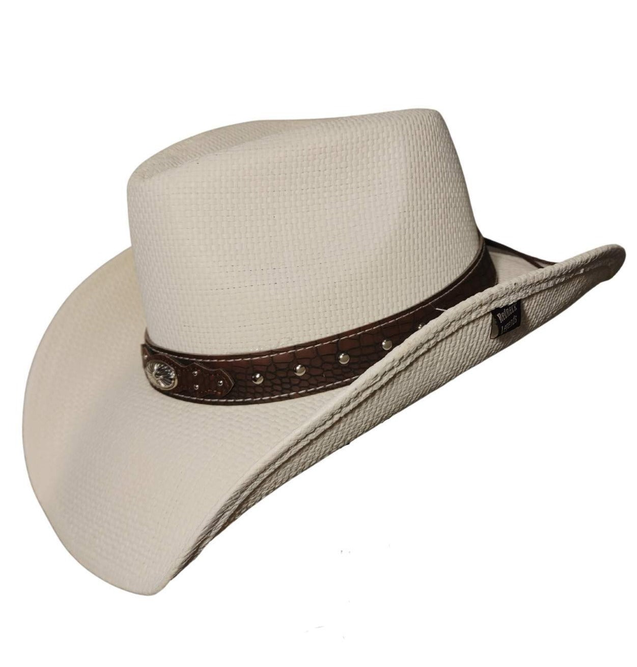 White Leather Band Cowboy Hat by Redneck Legends — white woven straw with a brown croc-embossed leather band, silver concho, and studs