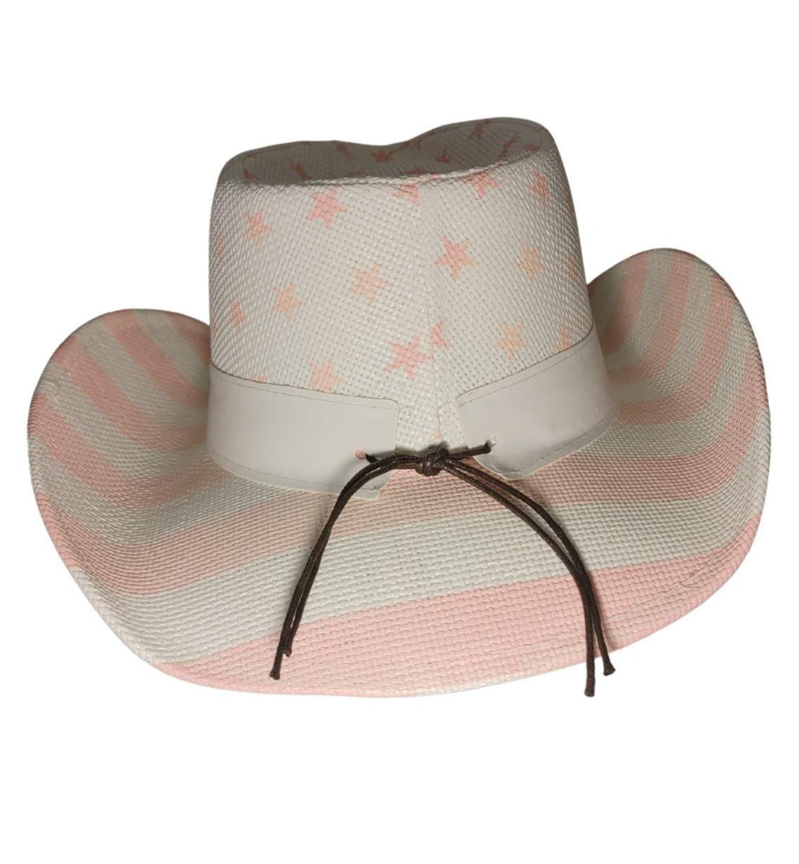 White &amp; Pink American Flag Cowboy Hat by Redneck Legends — white woven straw with a soft-pink American flag print, pink stars and stripes, and a white band with silver star studs