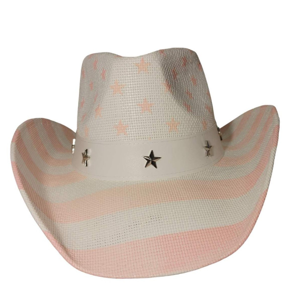 White &amp; Pink American Flag Cowboy Hat by Redneck Legends — white woven straw with a soft-pink American flag print, pink stars and stripes, and a white band with silver star studs