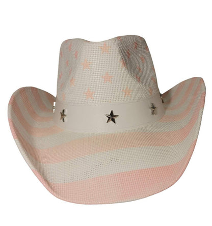 White &amp; Pink American Flag Cowboy Hat by Redneck Legends — white woven straw with a soft-pink American flag print, pink stars and stripes, and a white band with silver star studs
